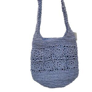 NEW Crochet Handbag Boho Tote Shoulder Bag Purse Light Blue Snap Medium